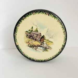 Vintage sweet water mill tin green floral cottagecore decor grandmas house 6"